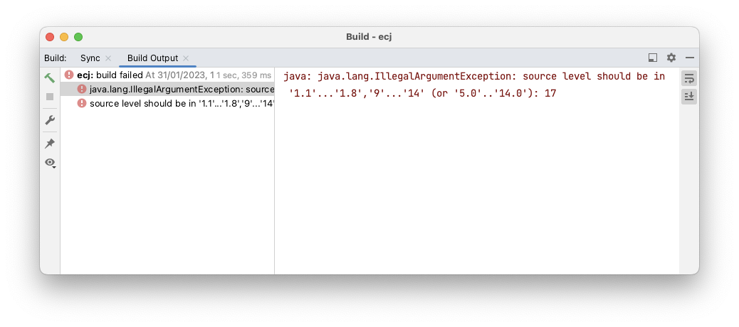 intellij IllegalArgumentException: source level should be in