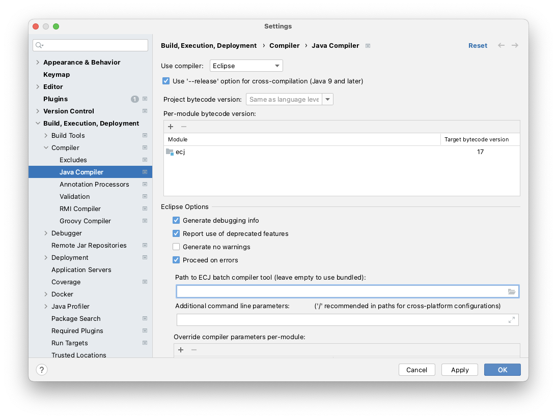 ecj w intellij settings