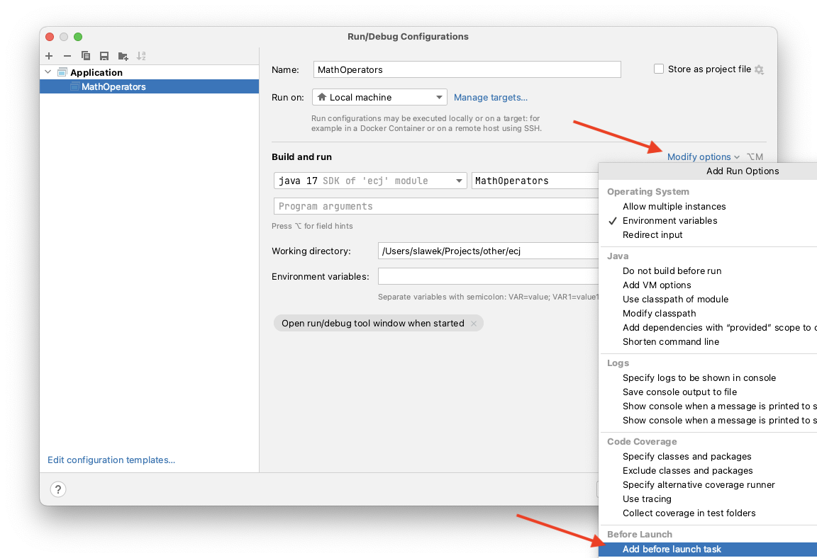 intellij run configuration modify options